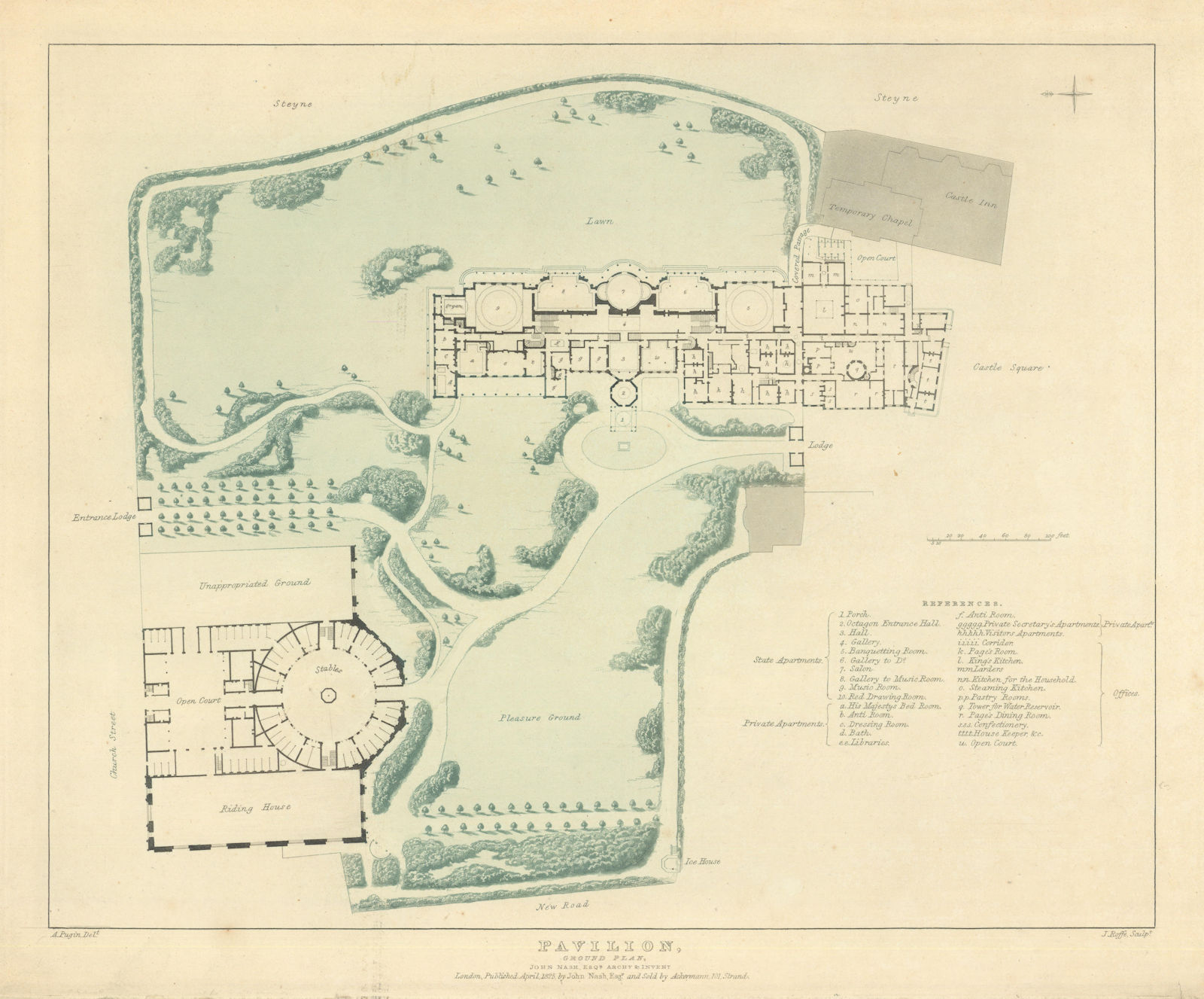 Brighton Royal Pavilion - Ground Plan by John Nash / Augustus Pugin 1826 map