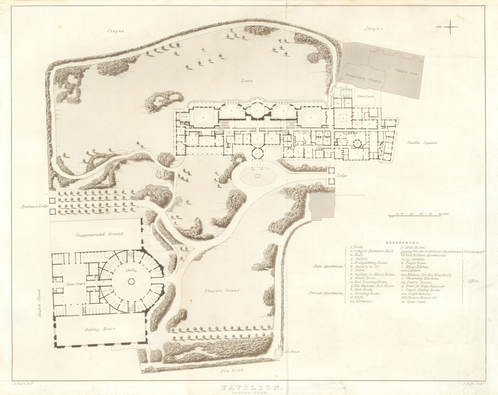 Brighton Royal Pavilion - Ground Plan by John Nash / Augustus Pugin 1826 map