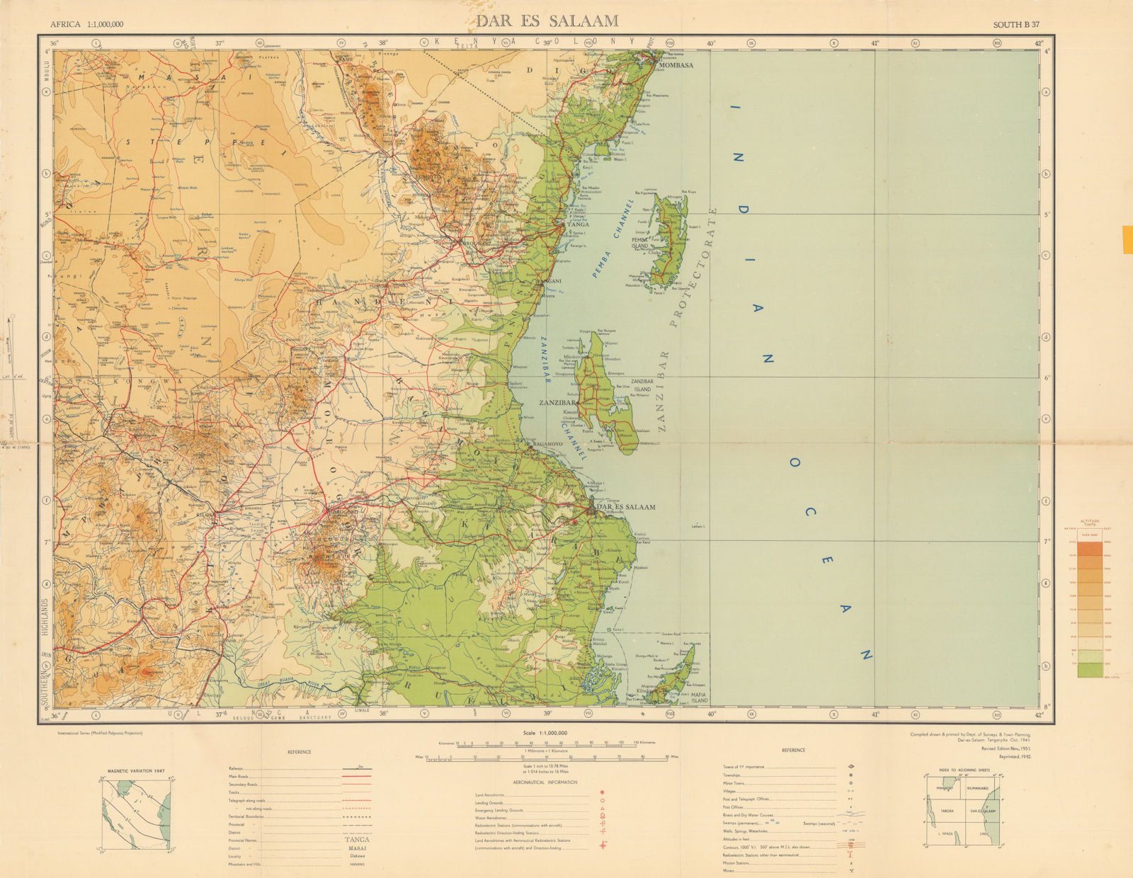 Dar es Salaam Safari map. Zanzibar Mafia Pemba Island Mikumi. Tanzania 1952