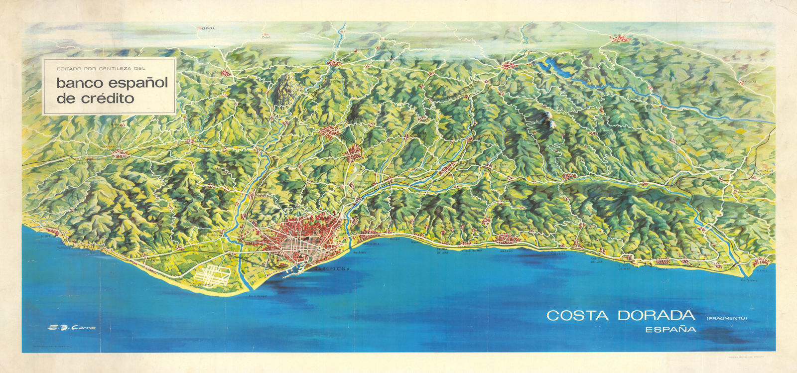 Costa Daurada (part) & Costa Barcelona bird's eye panorama. E.B. Carre 1963 map