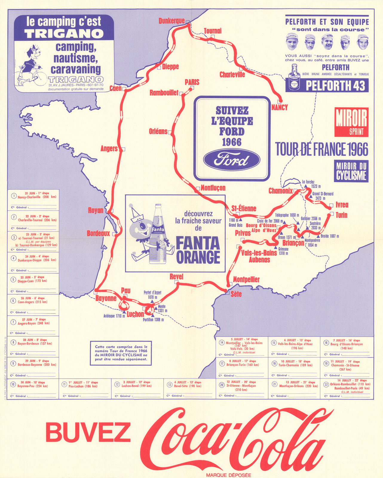 Tour de France - Miroir du Cyclisme. Cycling route poster map 61 x 49 cm 1966