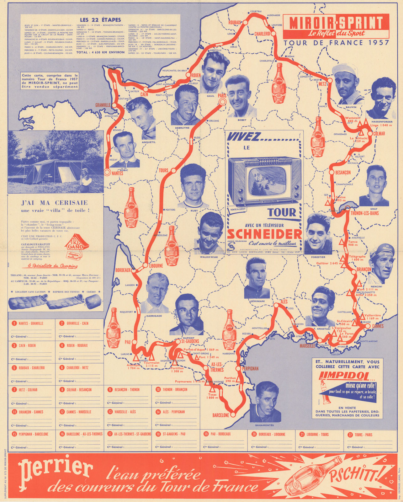 L'Itinéraire du Tour de France - Miroir-Sprint. Cycling route map 1957 old