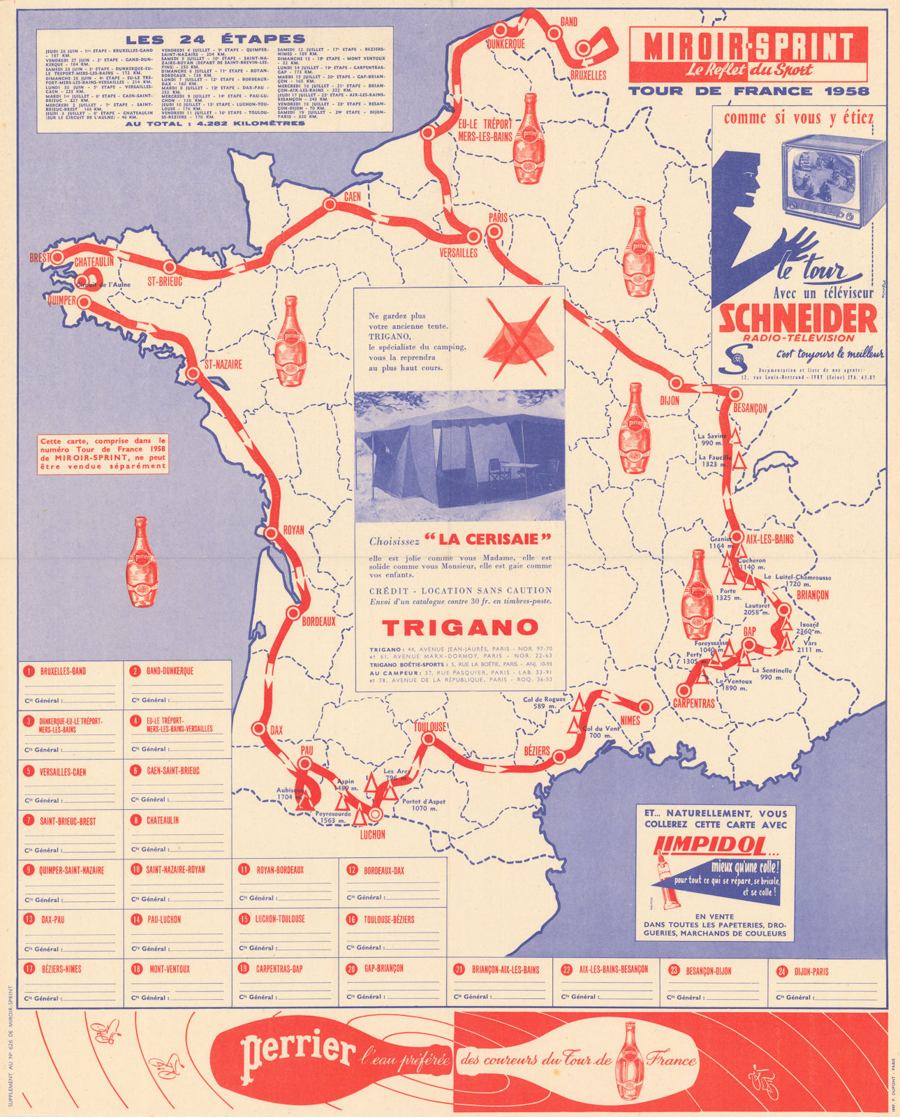 L'Itinéraire du Tour de France - Miroir-Sprint. Cycling route map 1958 old