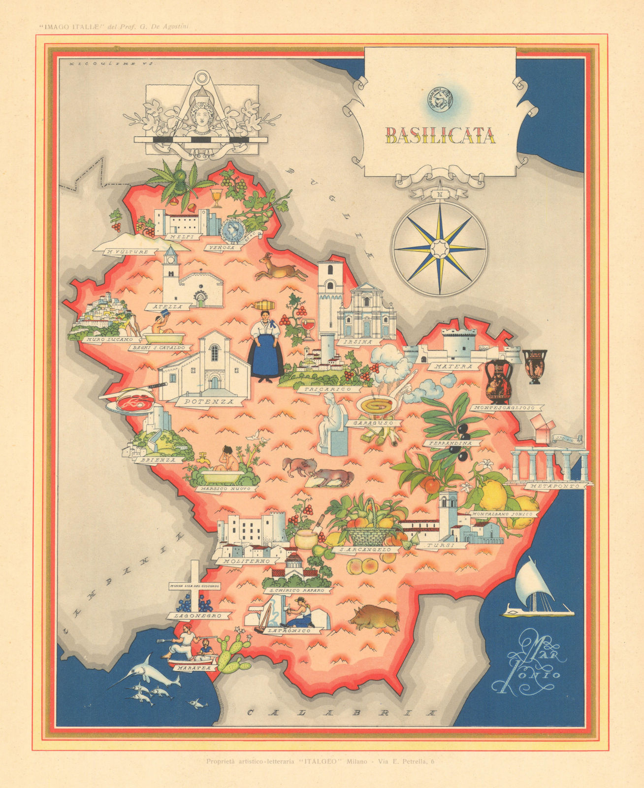 Basilicata pictorial map by Vsevolode Nicouline. Italgeo/Agostini 1950 old