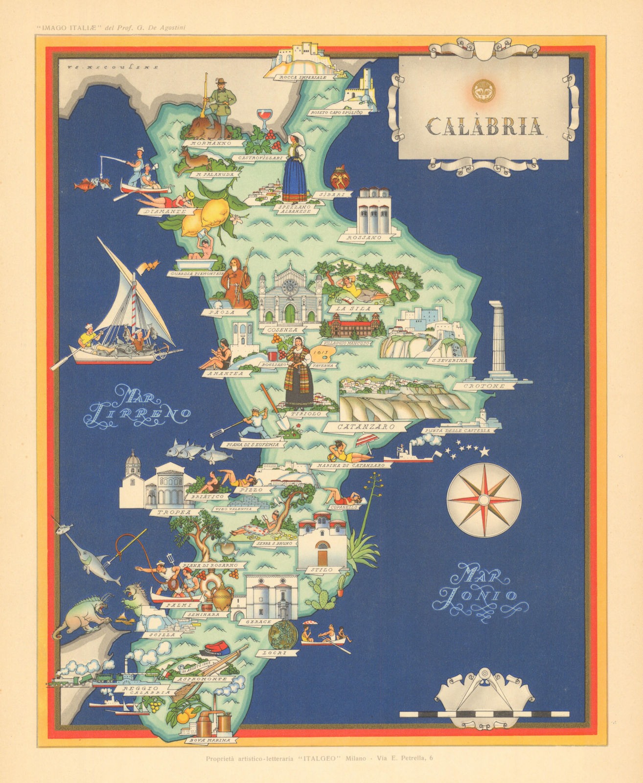 Calabria pictorial map by Vsevolode Nicouline. Italgeo/Agostini 1950 old