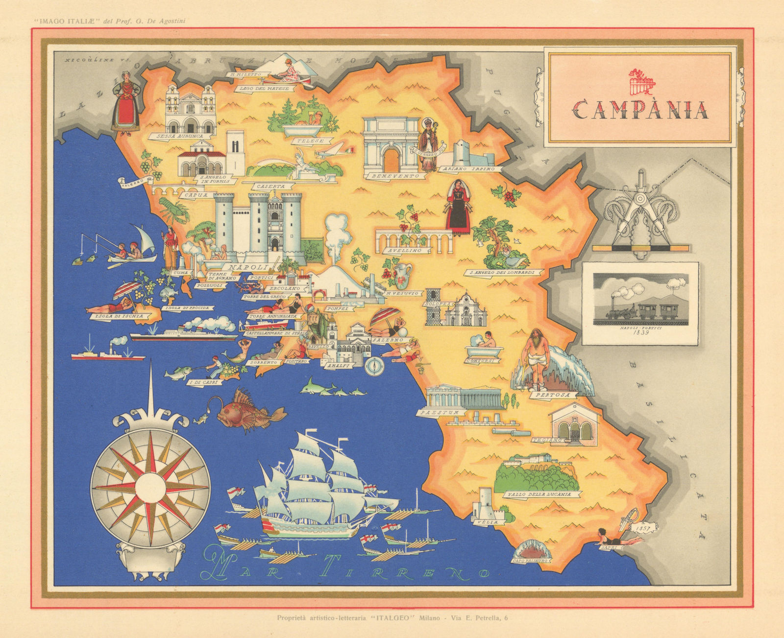 Campania pictorial map by Vsevolode Nicouline. Italgeo/Agostini 1950 old