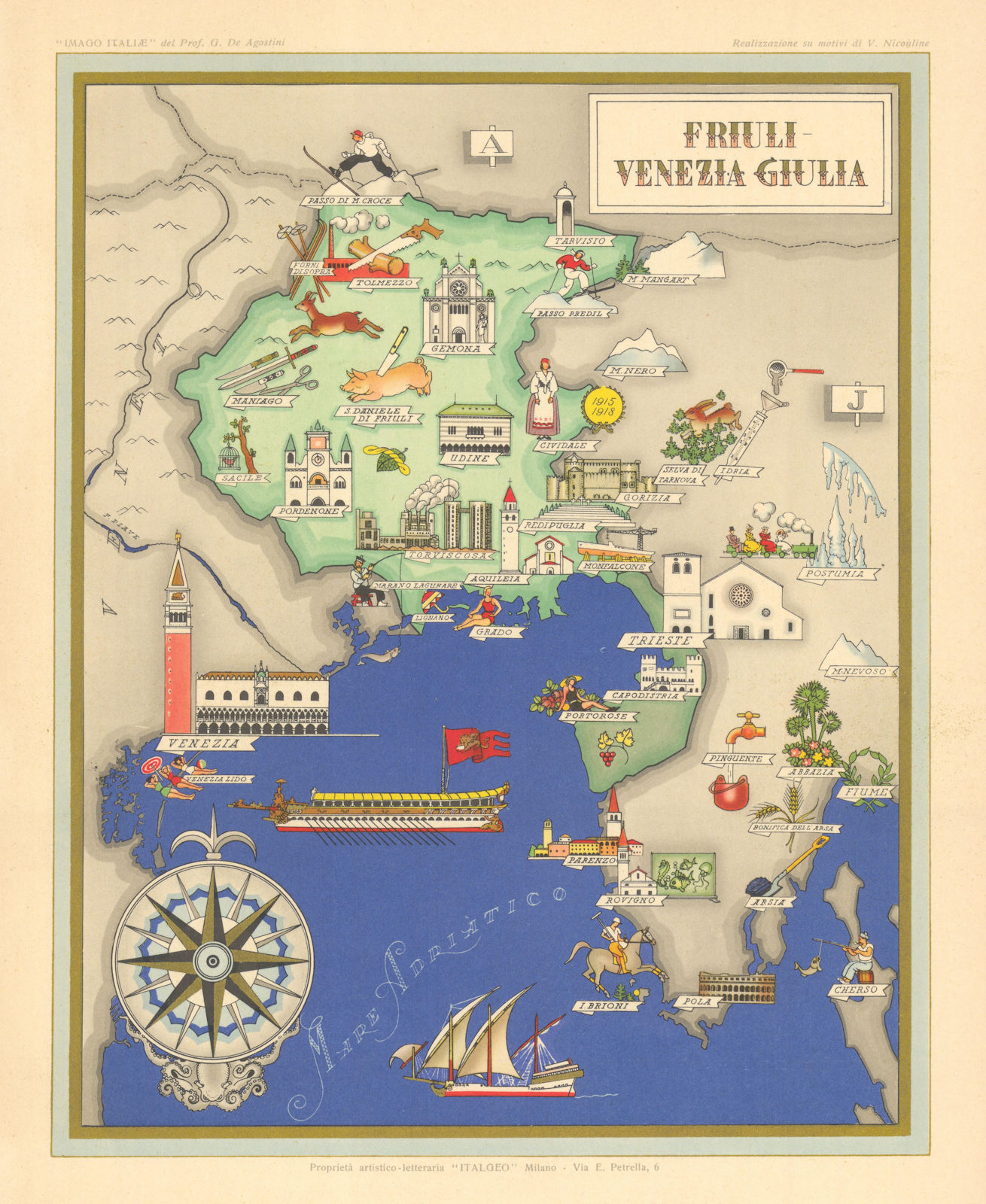 Friuli-Venezia Giulia pictorial map. Vsevolode Nicouline. Italgeo/Agostini 1950