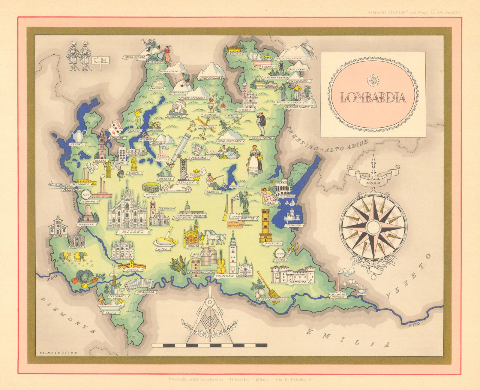 Lombardia / Lombardy pictorial map by Vsevolod Nicouline. Italgeo/Agostini 1950