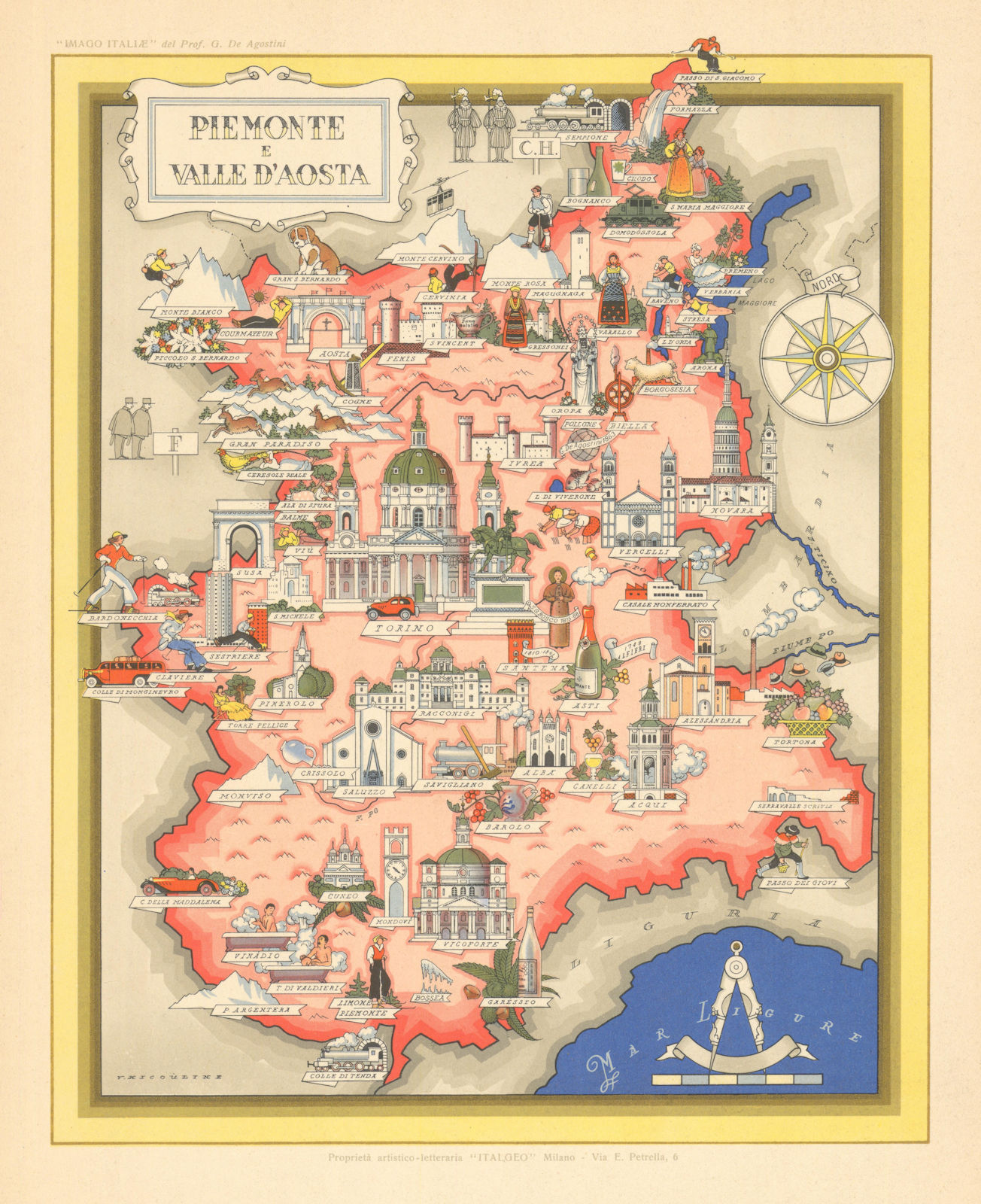 Piemonte / Piedmont & Aosta pictorial map by Vsevolode Nicouline. Italgeo 1950