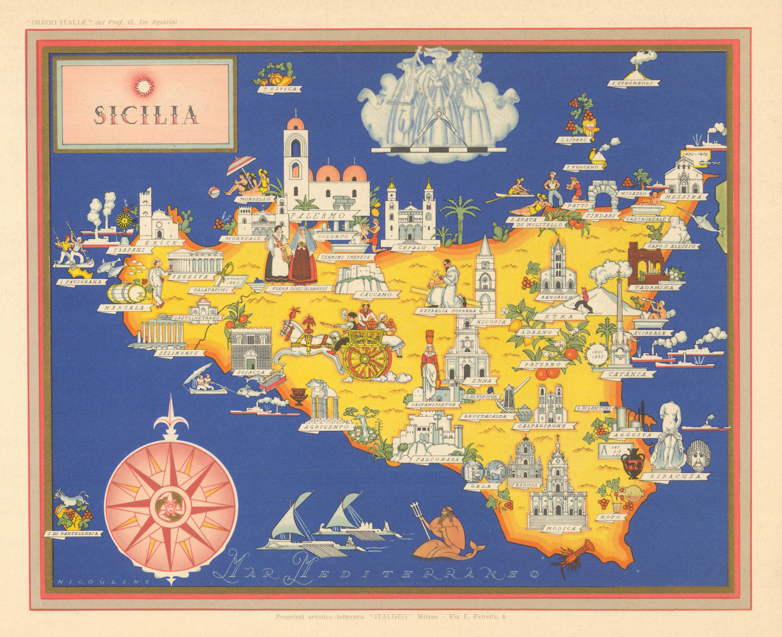 Sicilia / Sicily pictorial map by Vsevolode Nicouline. Italgeo/Agostini 1951