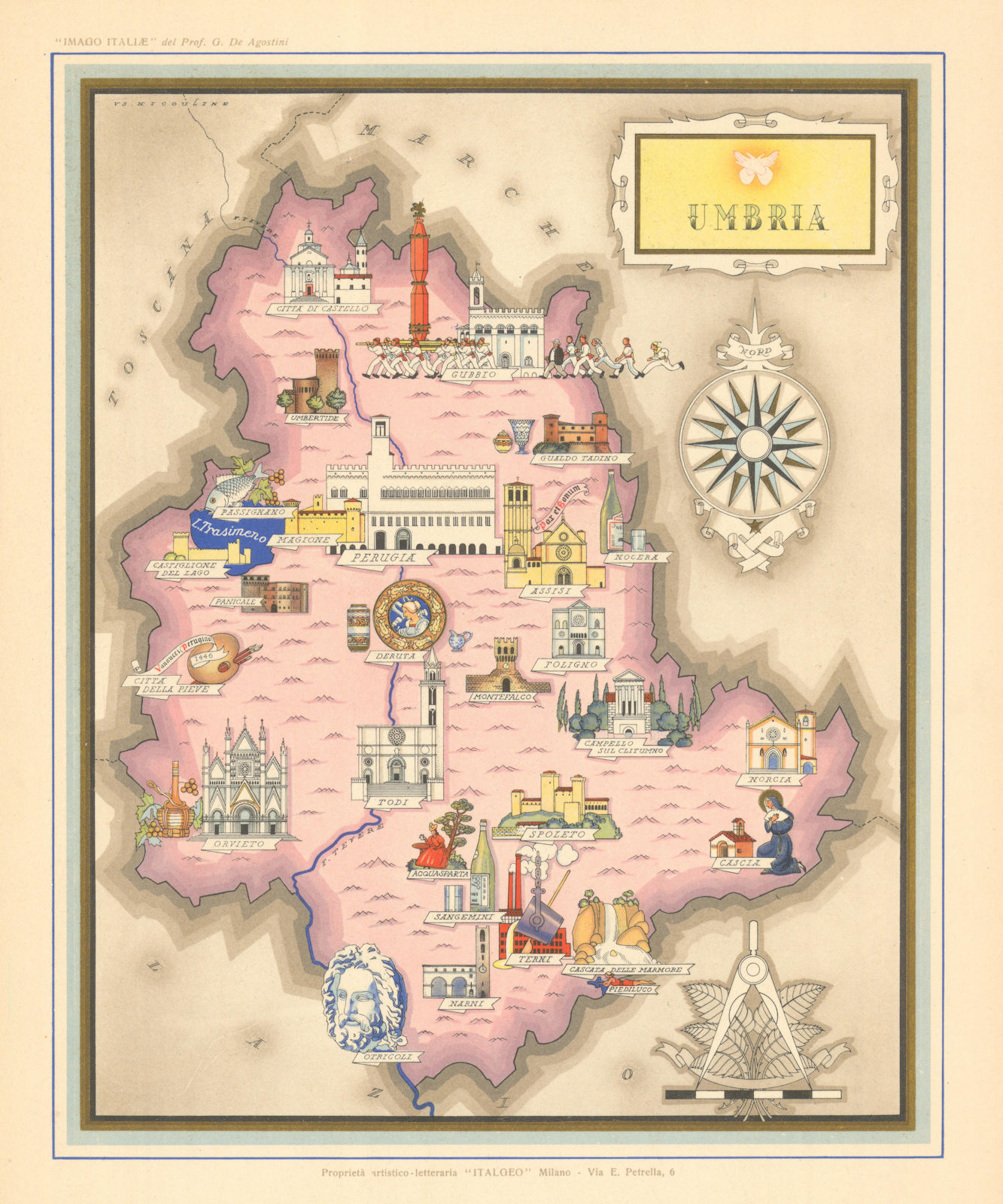 Umbria pictorial map by Vsevolode Nicouline. Italgeo/Agostini 1951 old