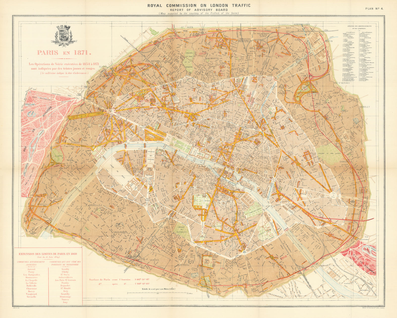 Paris showing 1854-1871 Haussmann boulevard renovations/realignments 1905 map