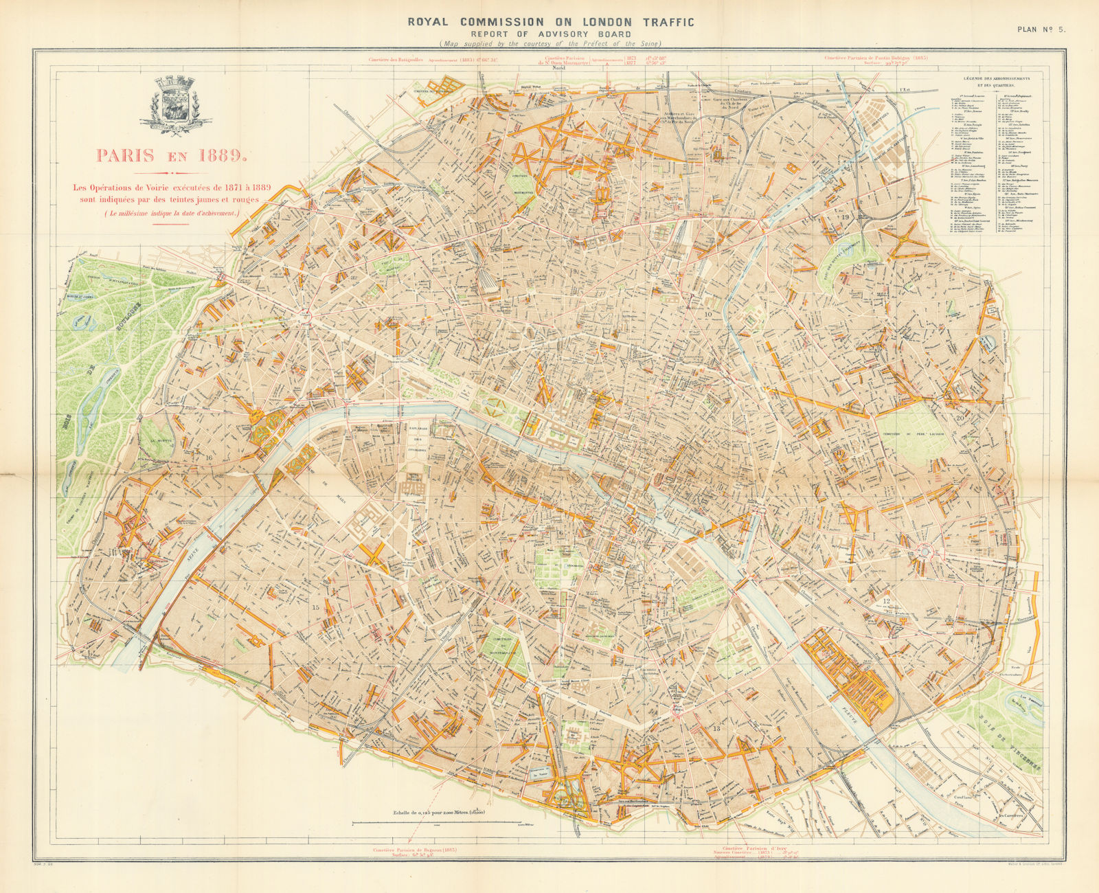 Paris showing 1871-1889 post-Haussmann boulevard/street realignments 1905 map