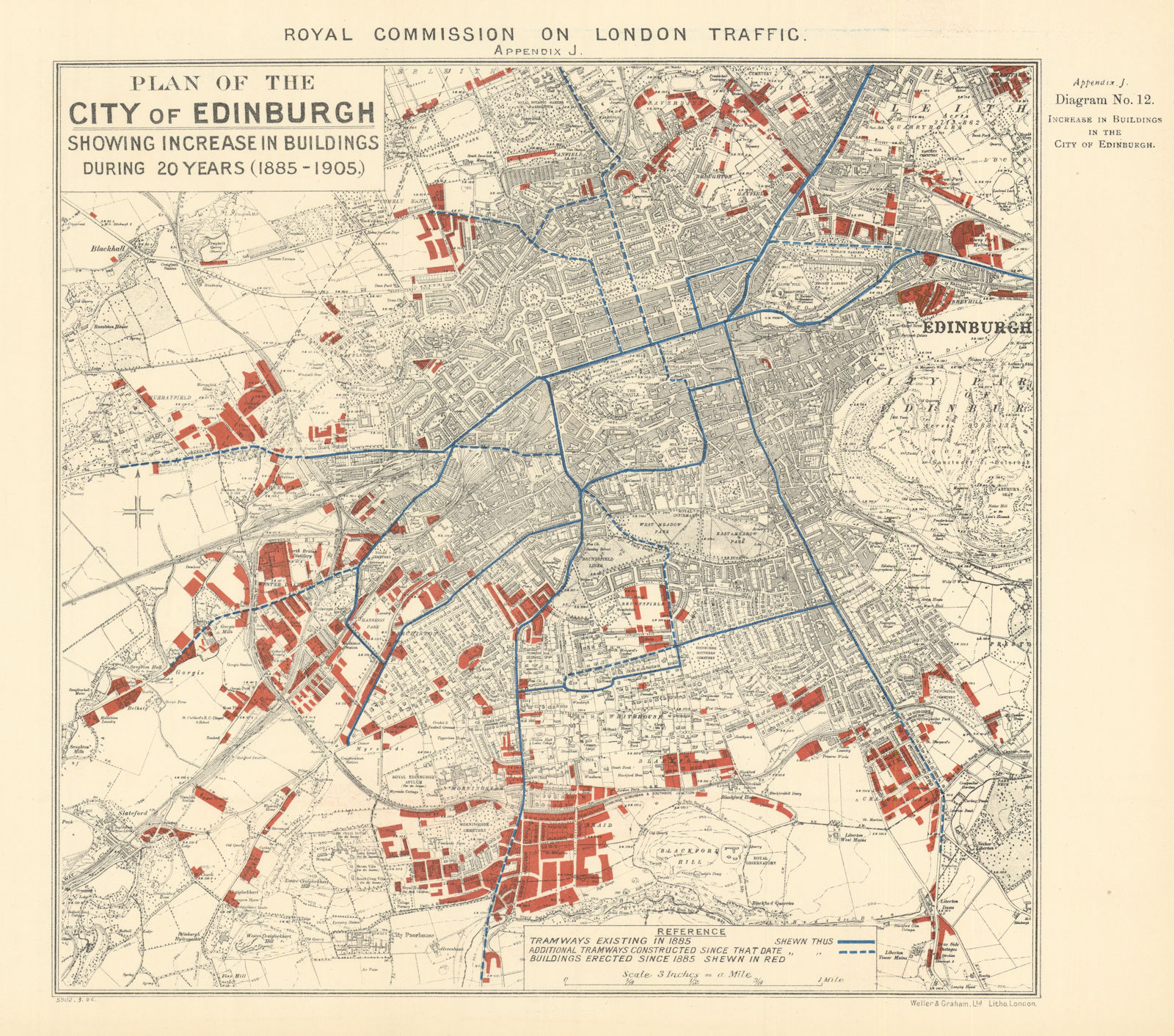 Edinburgh town/city plan showing 1895-1905 development & tramways 1906 old map