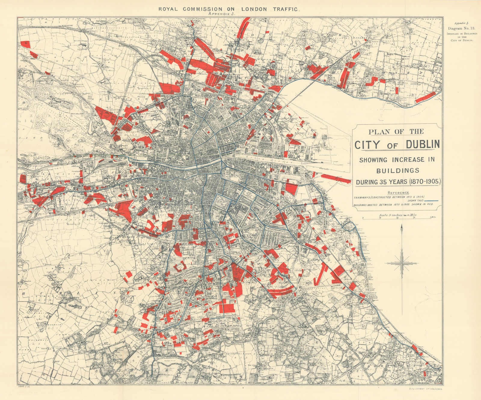 Dublin town/city plan showing 1870-1905 development & tramways 1906 old map