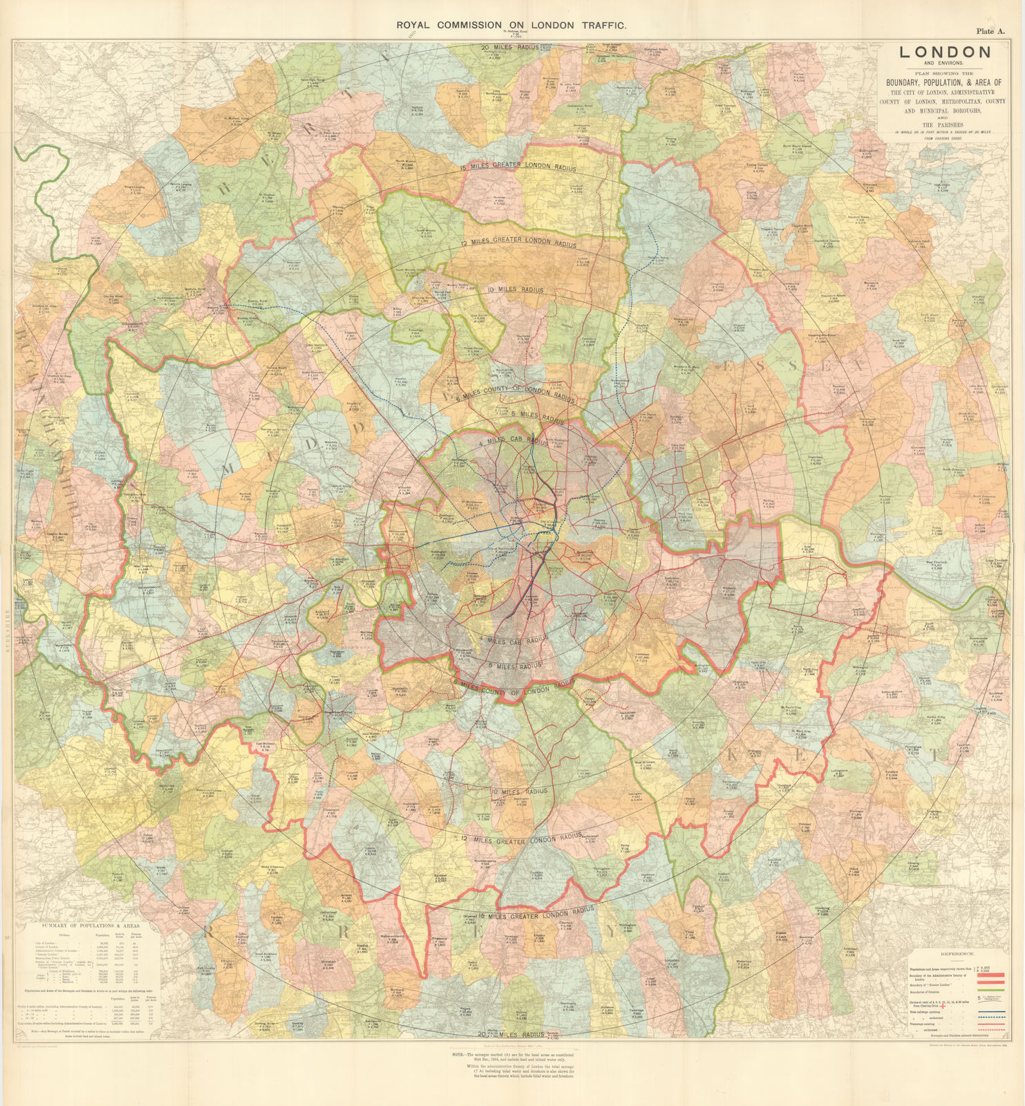 London. Parishes & Boroughs, Underground/tube lines & tramways 1906 old map