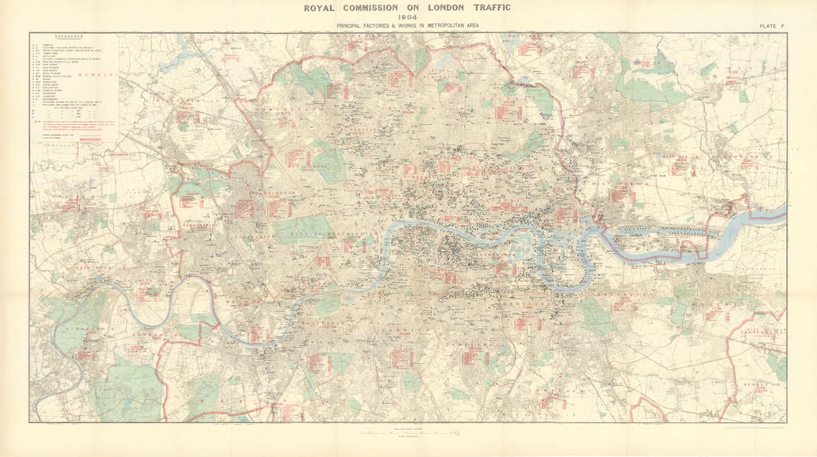 London Factories & Works. Royal Commission of London Traffic. 90x160cm 1906 map