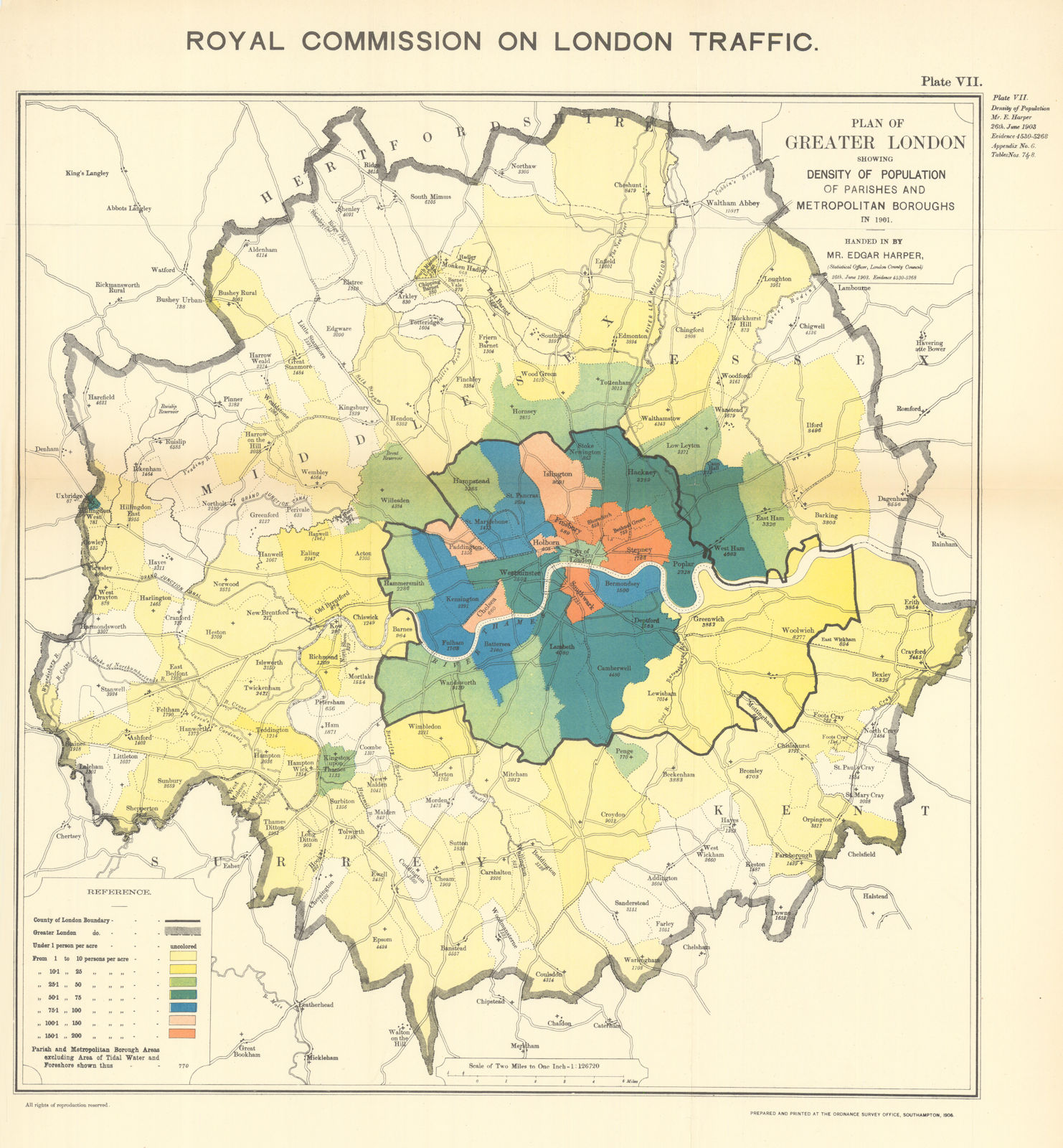 Greater London showing density of population of parishes & boroughs 1906 map