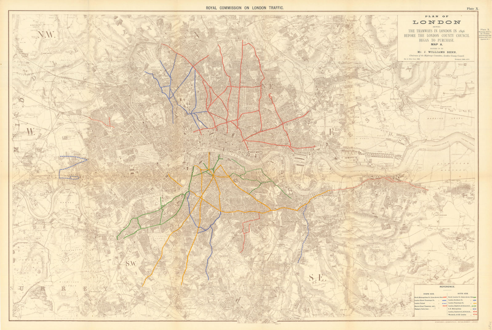 London tramways in 1896 before London County Council began purchases 1906 map