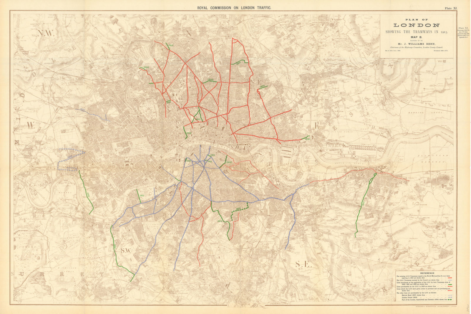 Plan of London showing the tramways in 1903. Traffic Royal Commission 1906 map