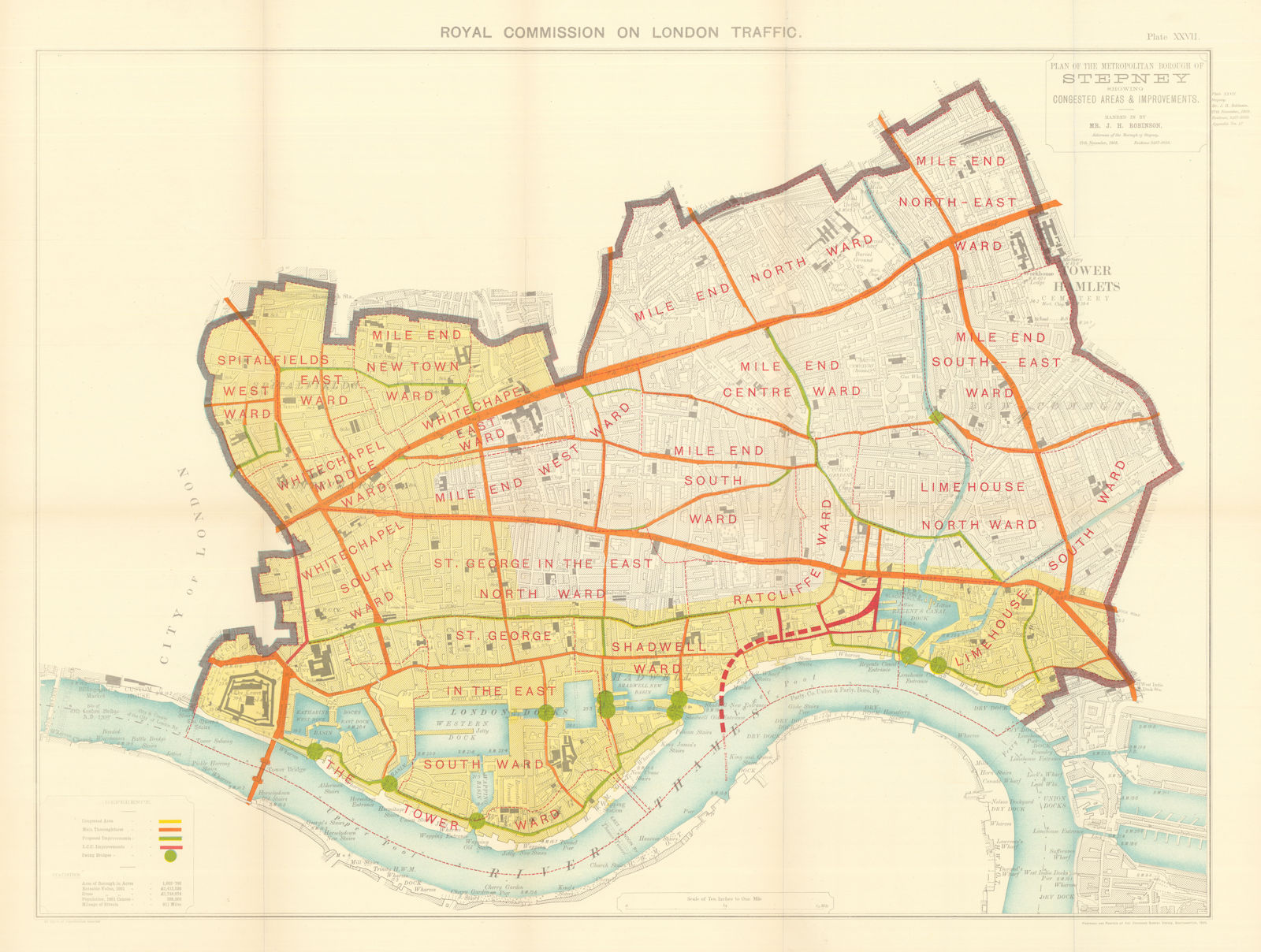 Stepney main roads, congestion, proposed improvements. Royal Commission 1906 map