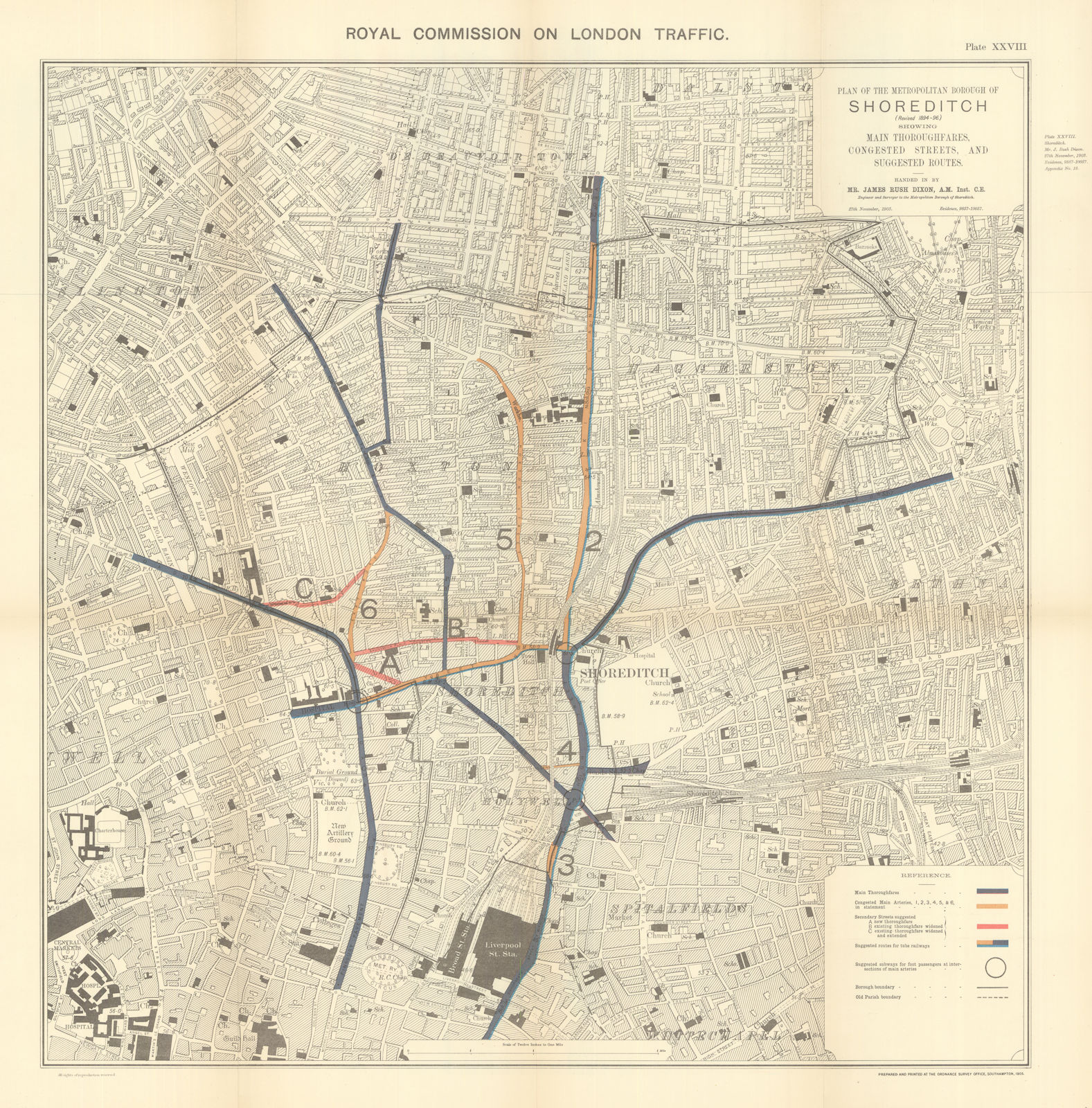 Shoreditch main roads, congestion, proposed improvements & tube lines 1906 map