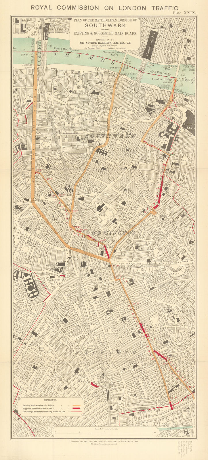 Southwark existing roads & proposed improvements. Royal Commission 1906 map