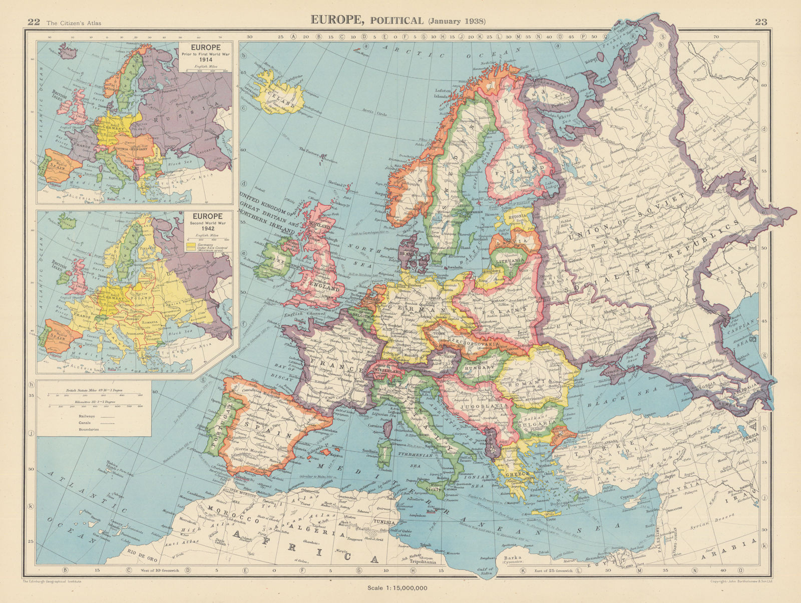 EUROPE in January 1938, 1914 & 1942 Europe under Axis Control. Pre-WW2 1944 map