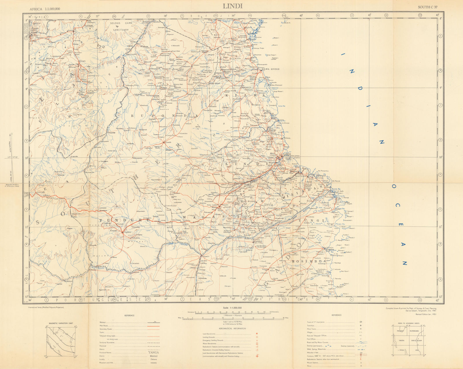 Lindi Safari map. Selous Game Reserve Nyerere NP Niassa Tanzania Mozambique 1951