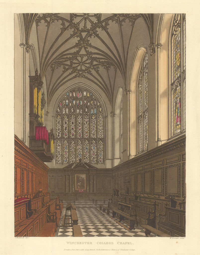 Winchester College Chapel, Interior. Ackermann's schools 1816 old print