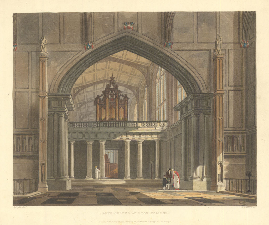 Ante-Chapel of Eton College. Ackermann's schools 1816 old antique print