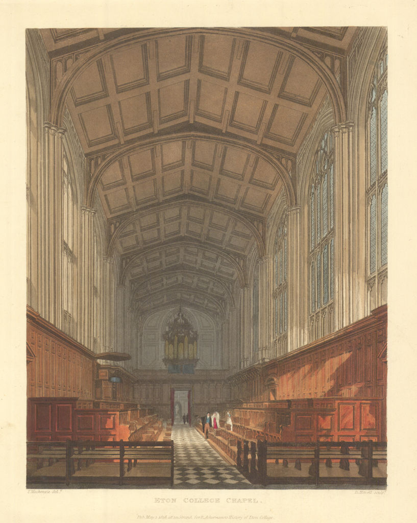 Eton College Chapel, Interior. Ackermann's schools 1816 old antique print