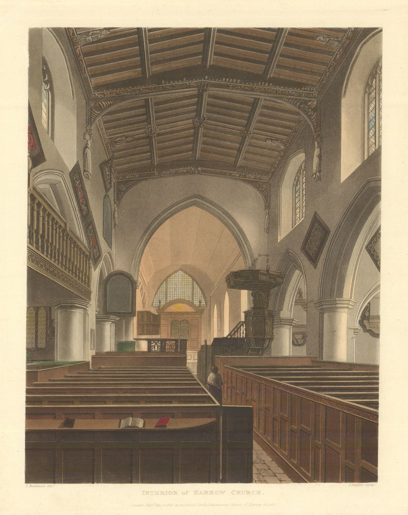 Interior of St. Mary's Church, Harrow on the Hill. Ackermann's schools 1816