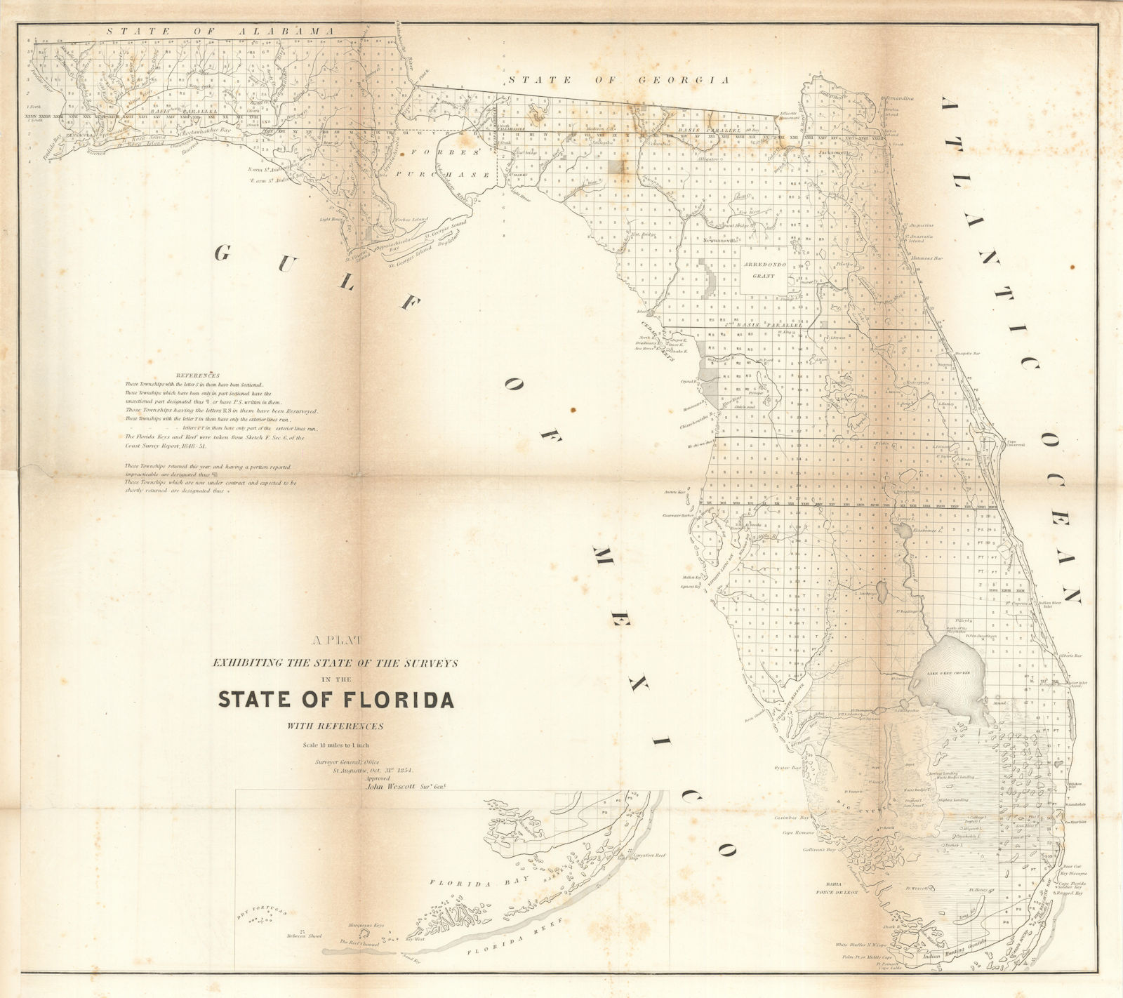 A plat exhibiting the state of the Surveys in Florida. US Topo Bureau 1854 map