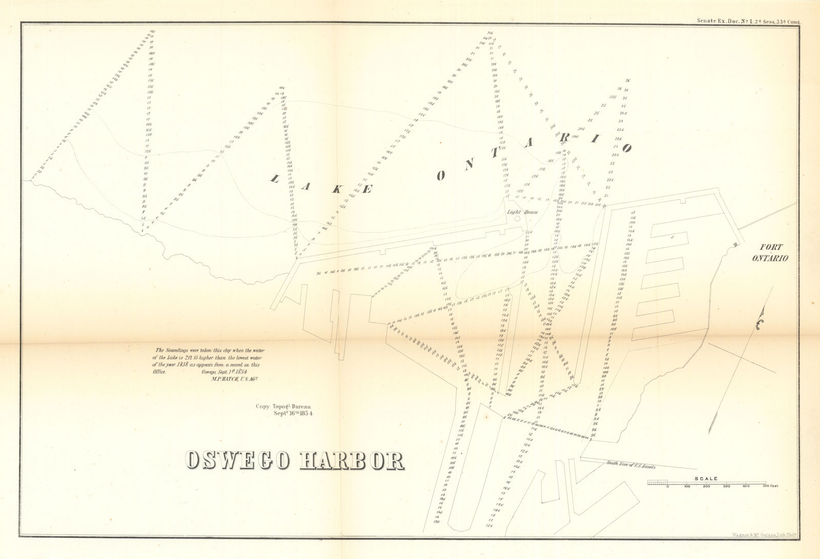 Oswego Harbor, New York. US Topographical Bureau 1854 old antique map chart