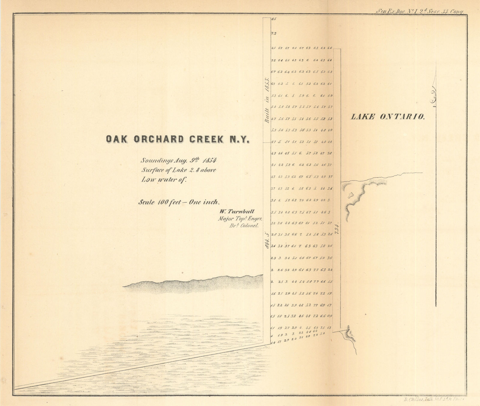 Oak Orchard Creek, New York. US Topographical Bureau 1854 old antique map