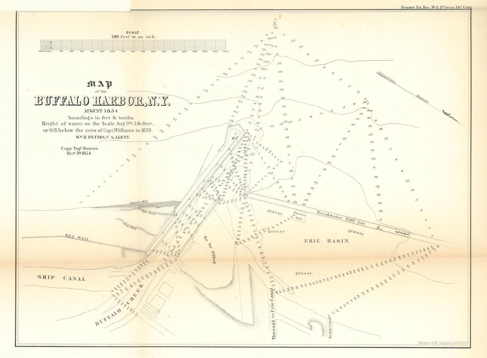 Map of the Buffalo Harbor, New York. US Topographical Bureau 1854 old