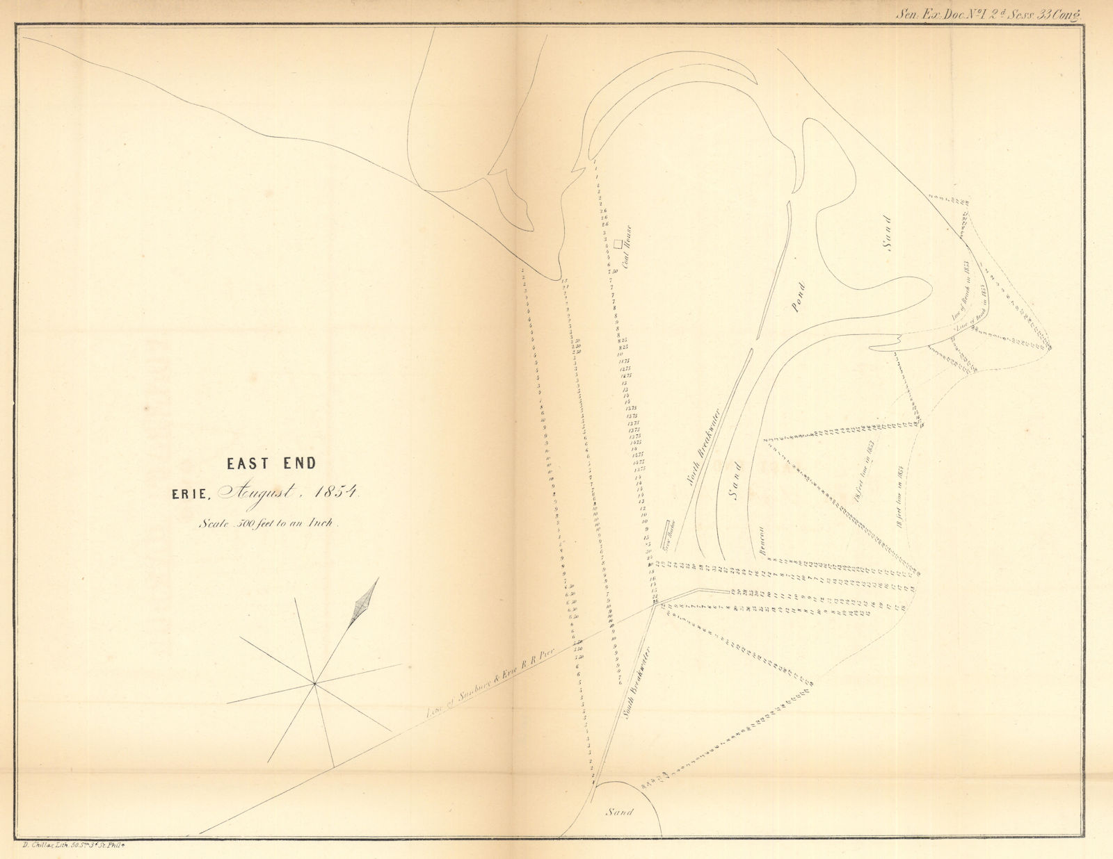 East End of Erie Harbor, Pennsylvania. US Topographical Bureau 1854 old map