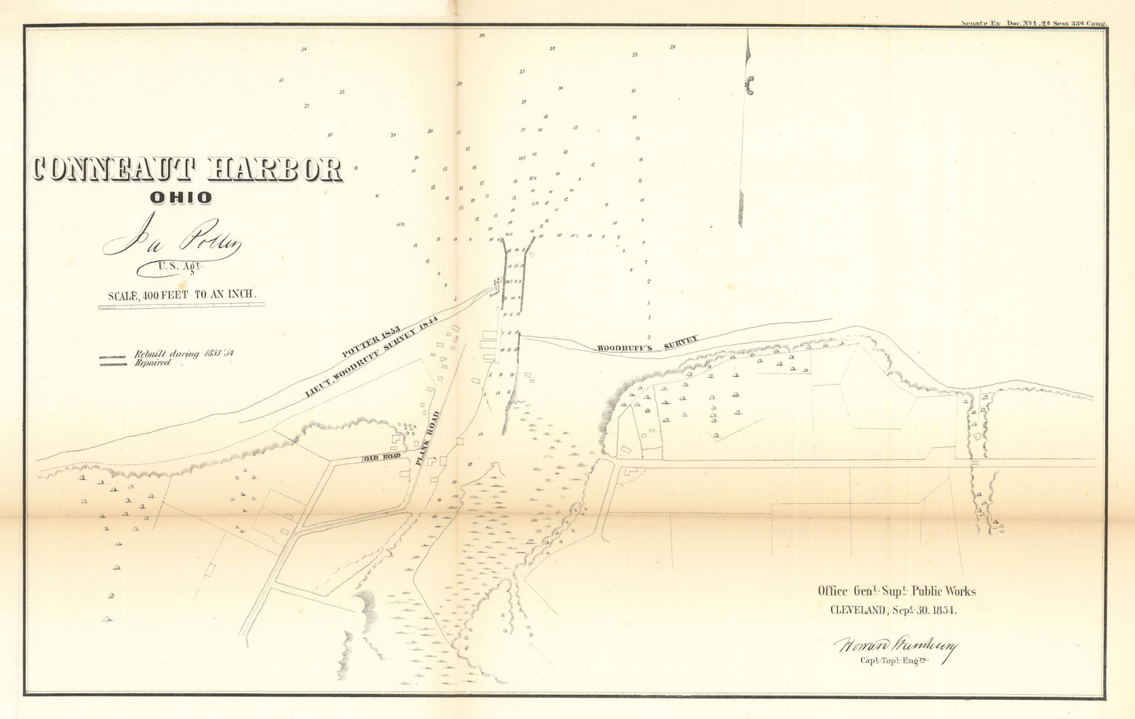 Conneaut Harbor, Ohio. US Topographical Bureau 1854 old antique map plan chart