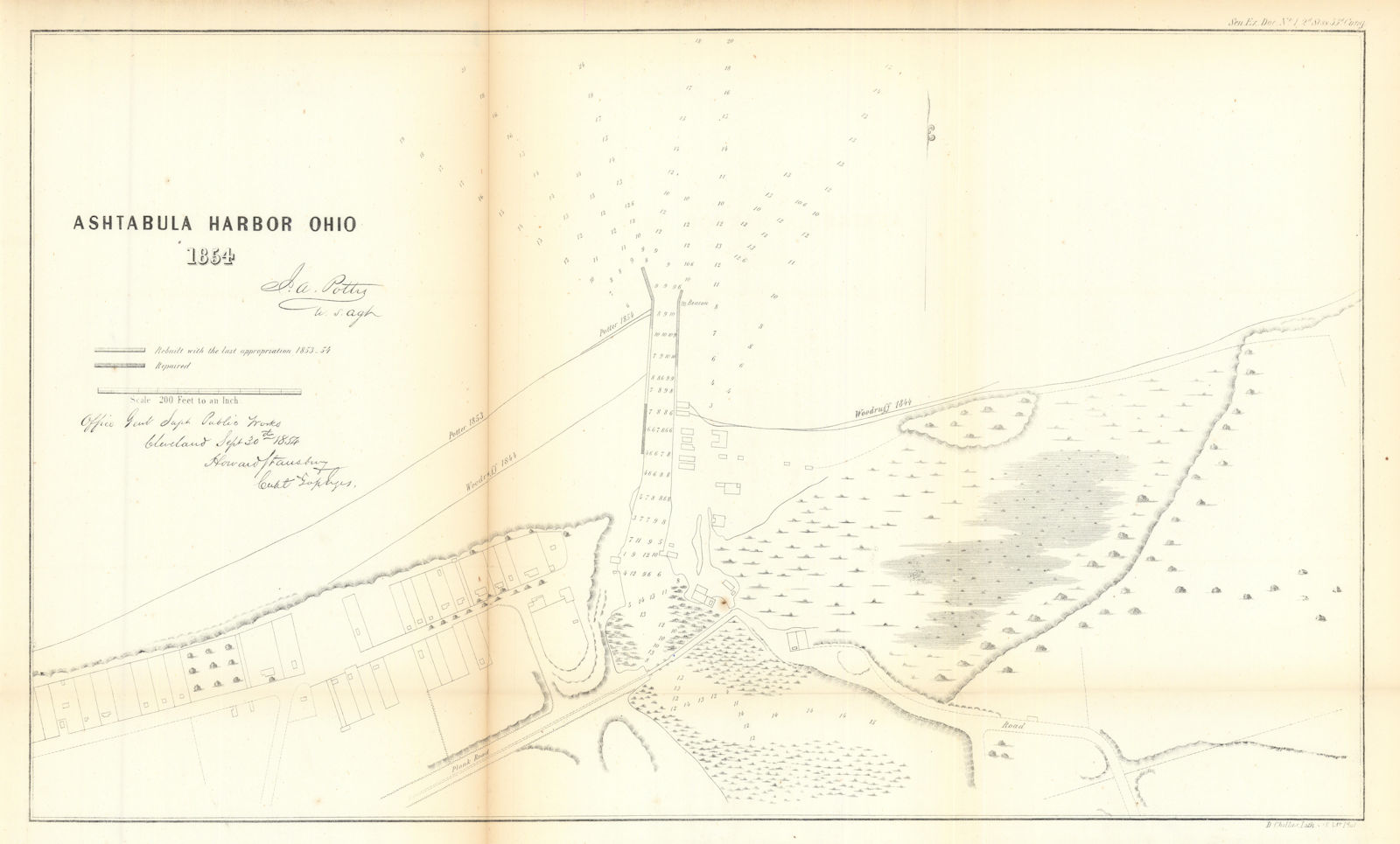 Ashtabula Harbor, Ohio. US Topographical Bureau 1854 old antique map chart