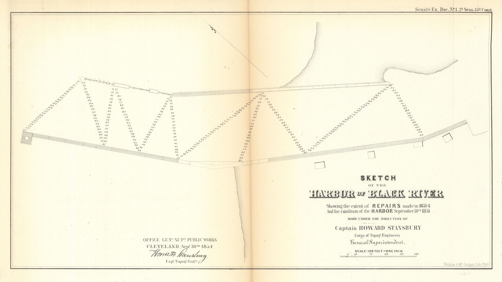 Sketch of the Harbor of Black River showing the extent of repairs made… 1854 map