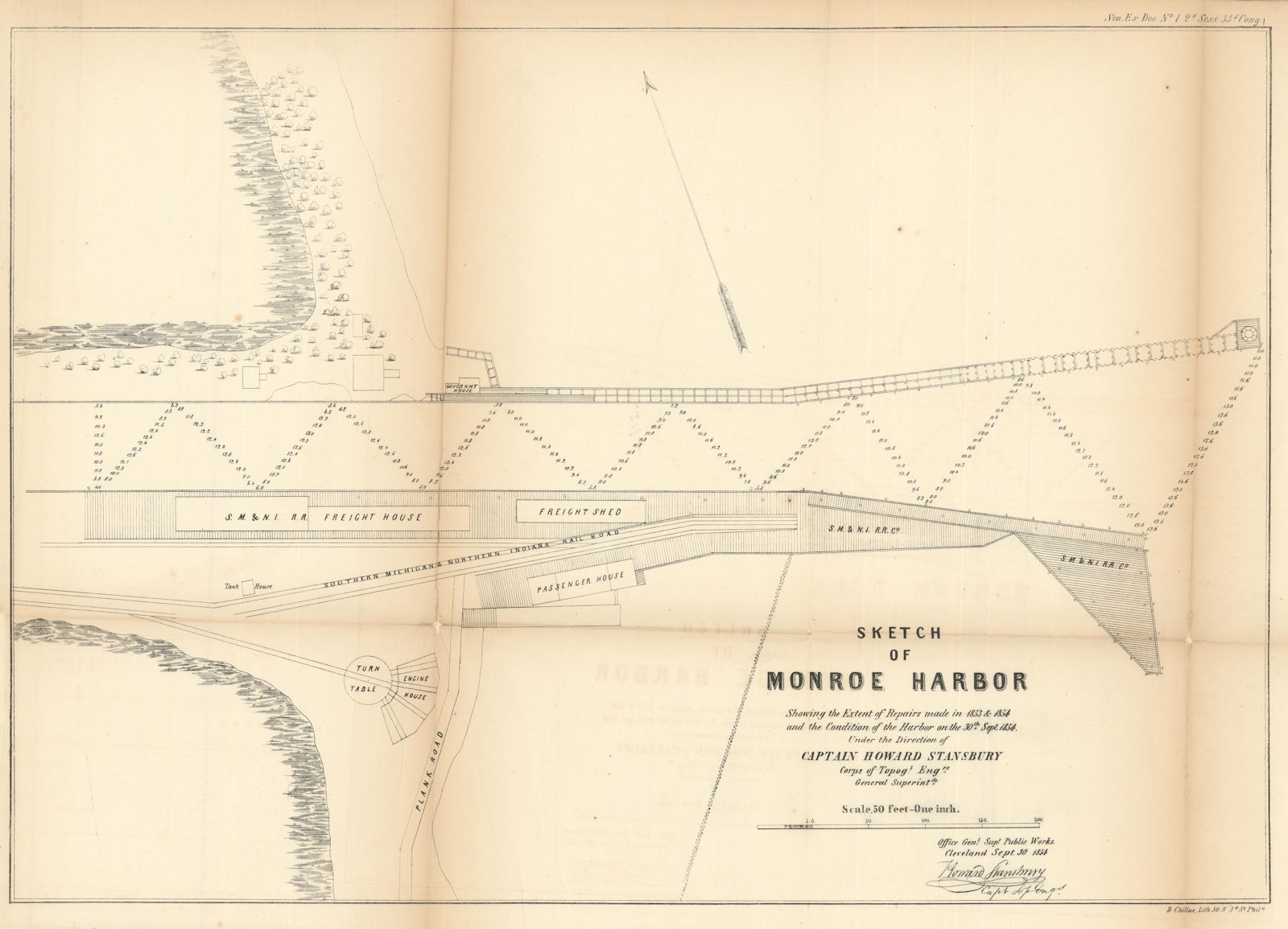 Sketch of Monroe Harbor, Ohio. US Topographical Bureau 1854 old antique map