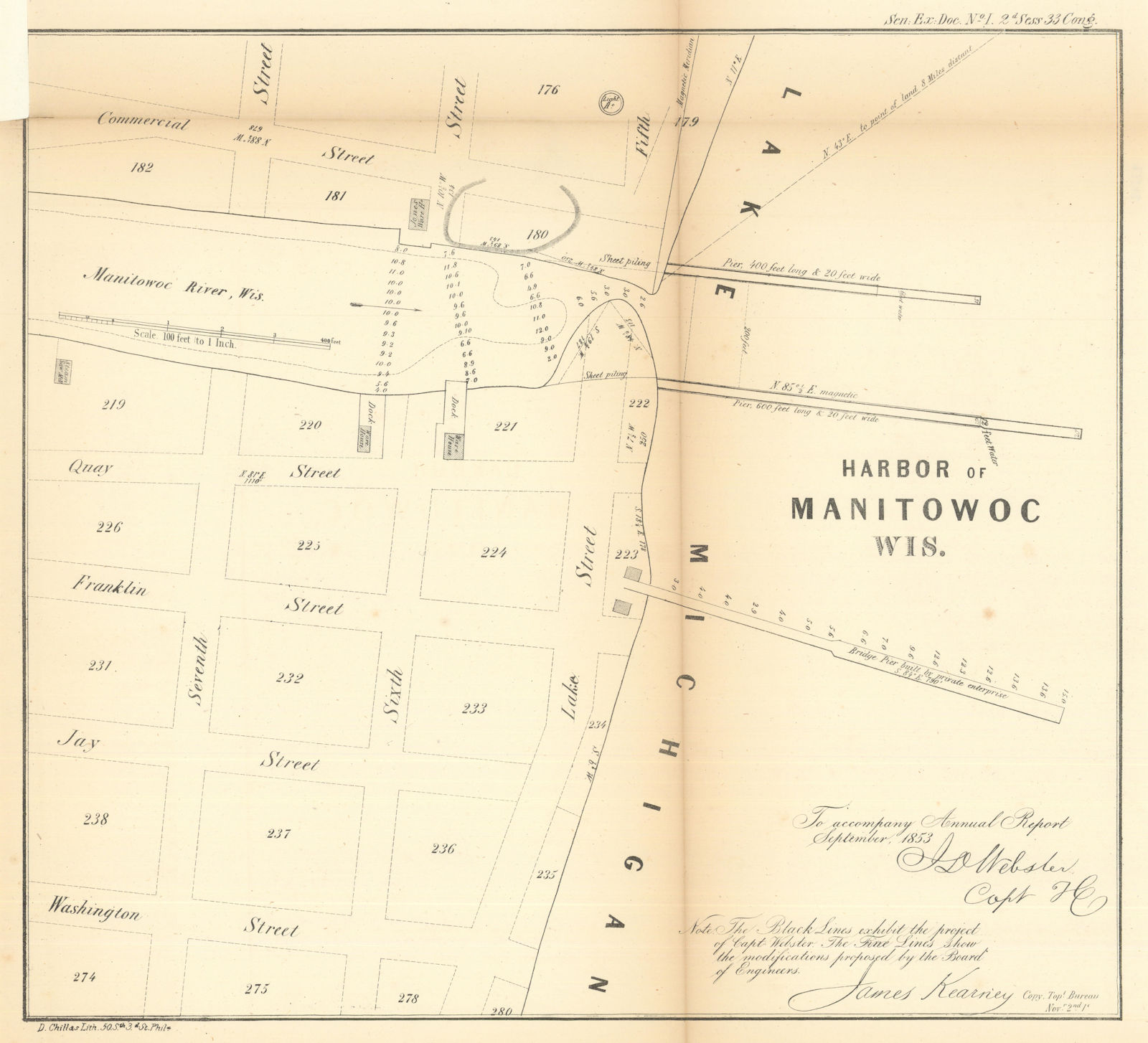 Harbor of Manitowoc, Wisconsin. US Topographical Bureau 1854 old antique map