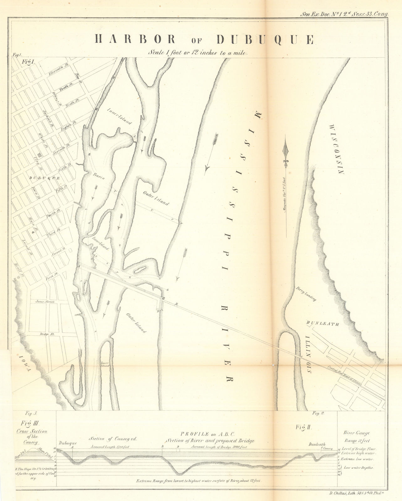 Harbor of Dubuque, Iowa. US Topographical Bureau 1854 old antique map chart