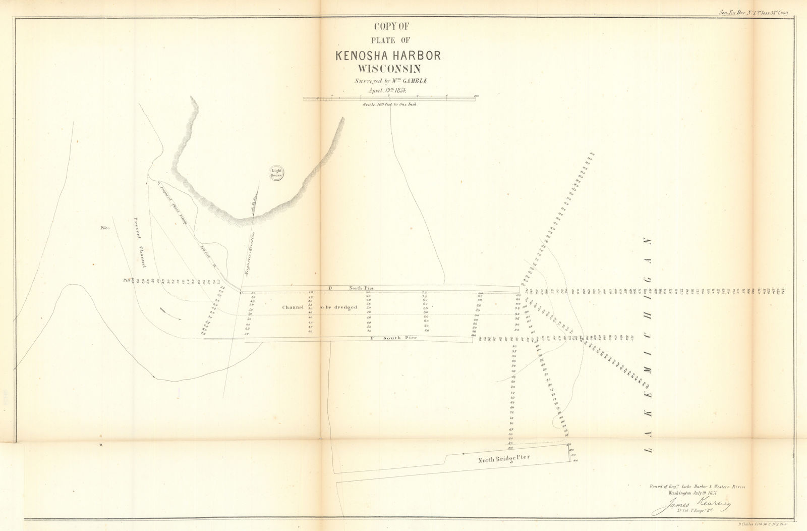 Copy of Plate of Kenosha Harbor, Wisconsin. US Topographical Bureau 1854 map