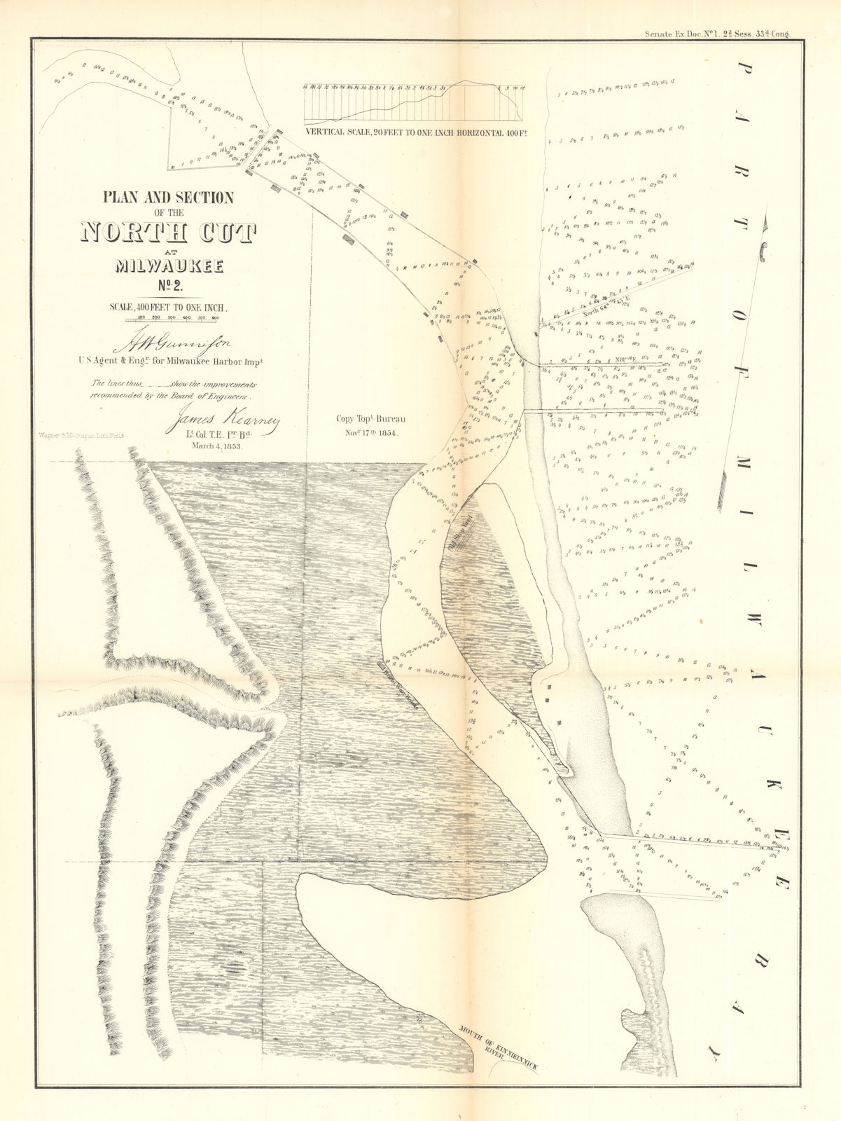 Plan & Section of the North Cut at Milwaukee Harbor, No. 2. Wisconsin 1854 map
