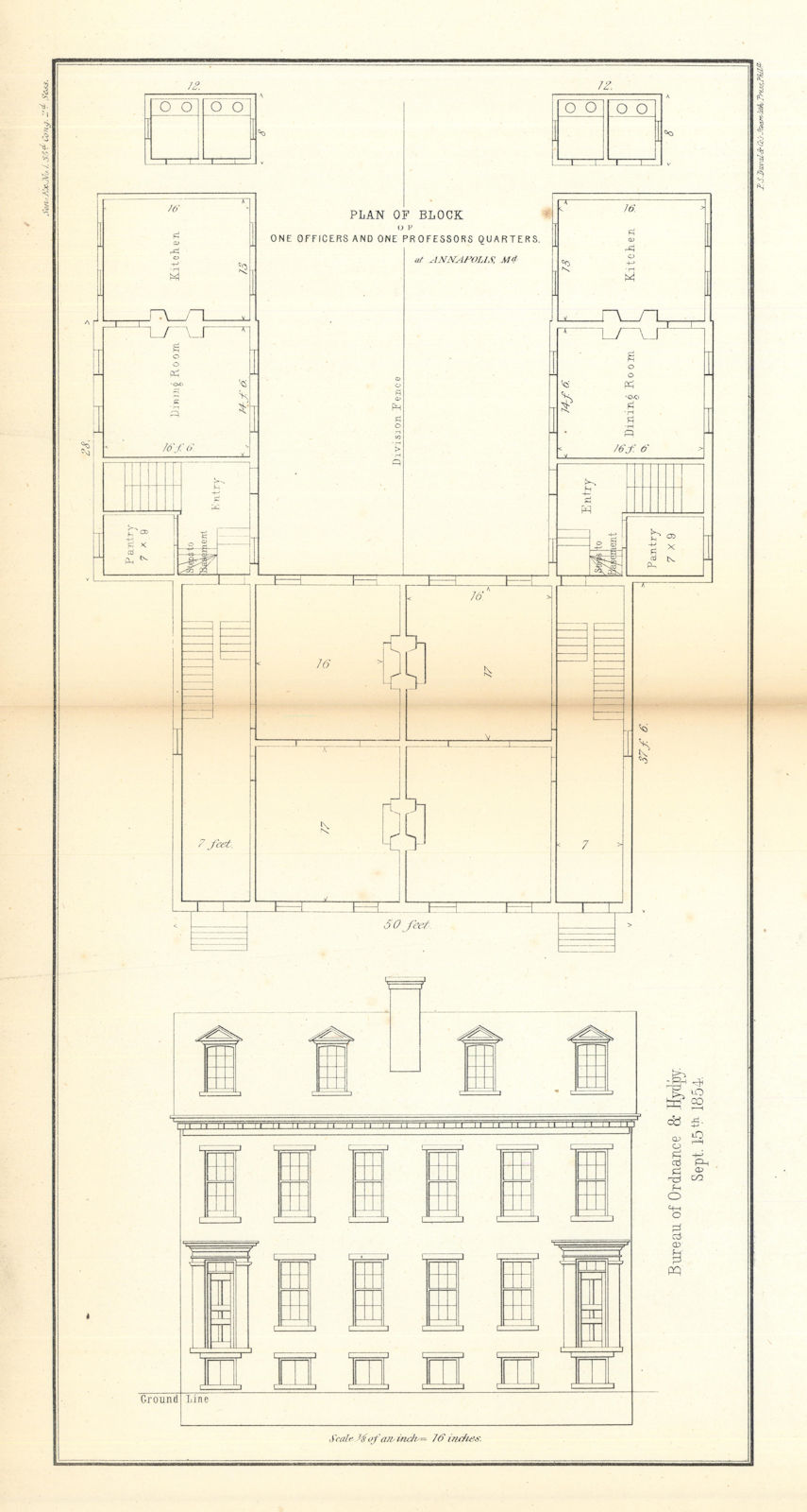 Plan of Block of Officers & Professors' Quarters at Annapolis, Maryland 1854 map