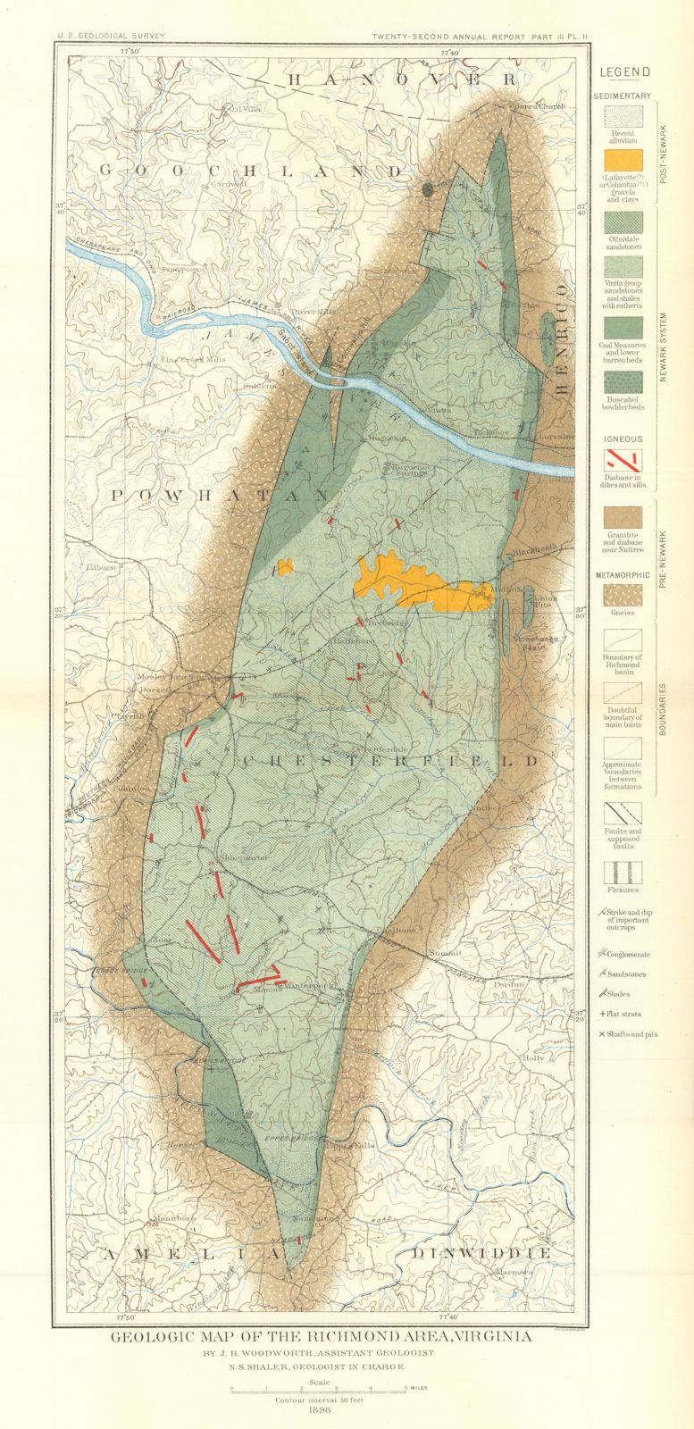 Geologic map of the Richmond area, Virginia. US Geological Survey 1902 old