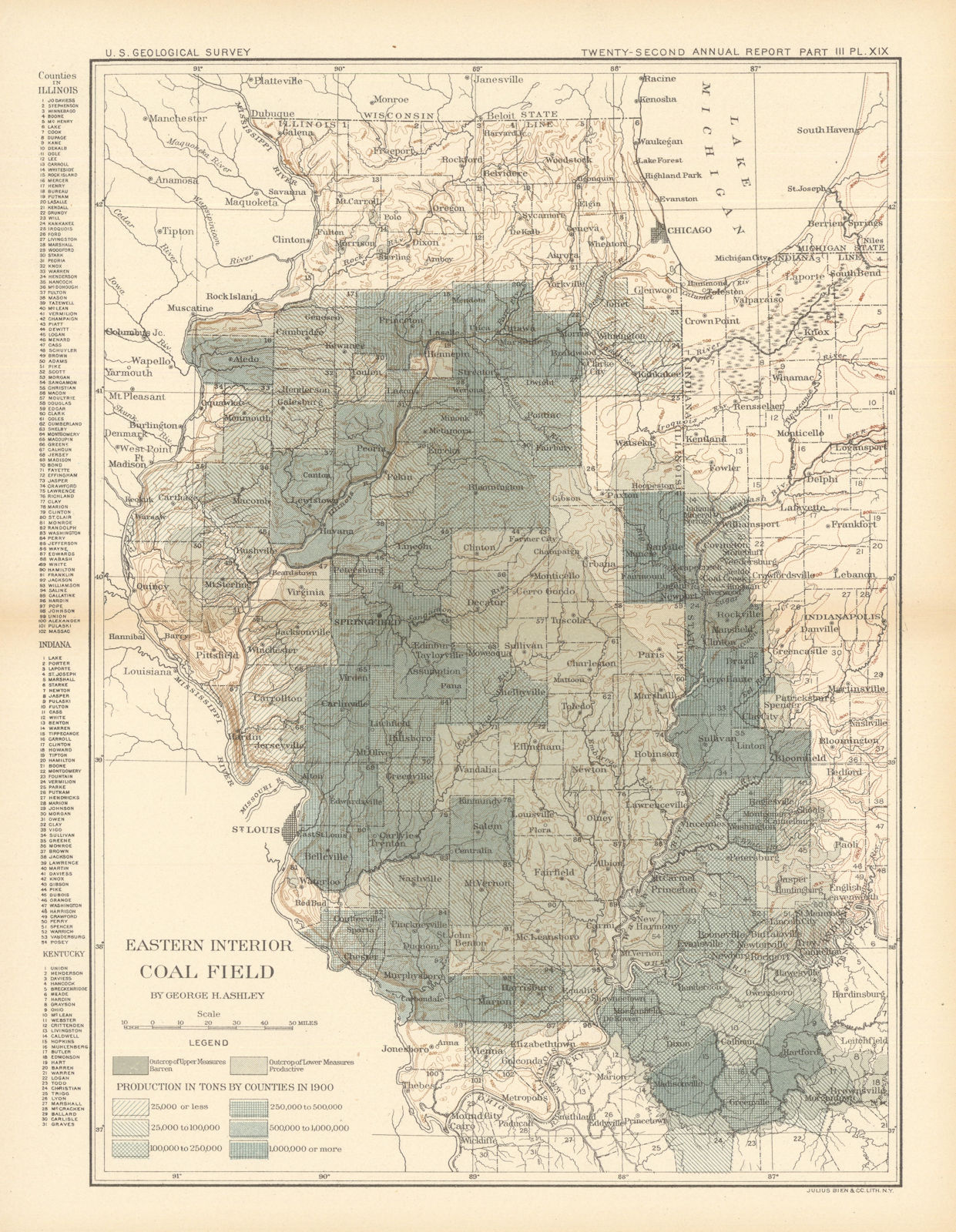 Eastern Interior coal field. Production distribution 1900 Illinois USGS 1902 map