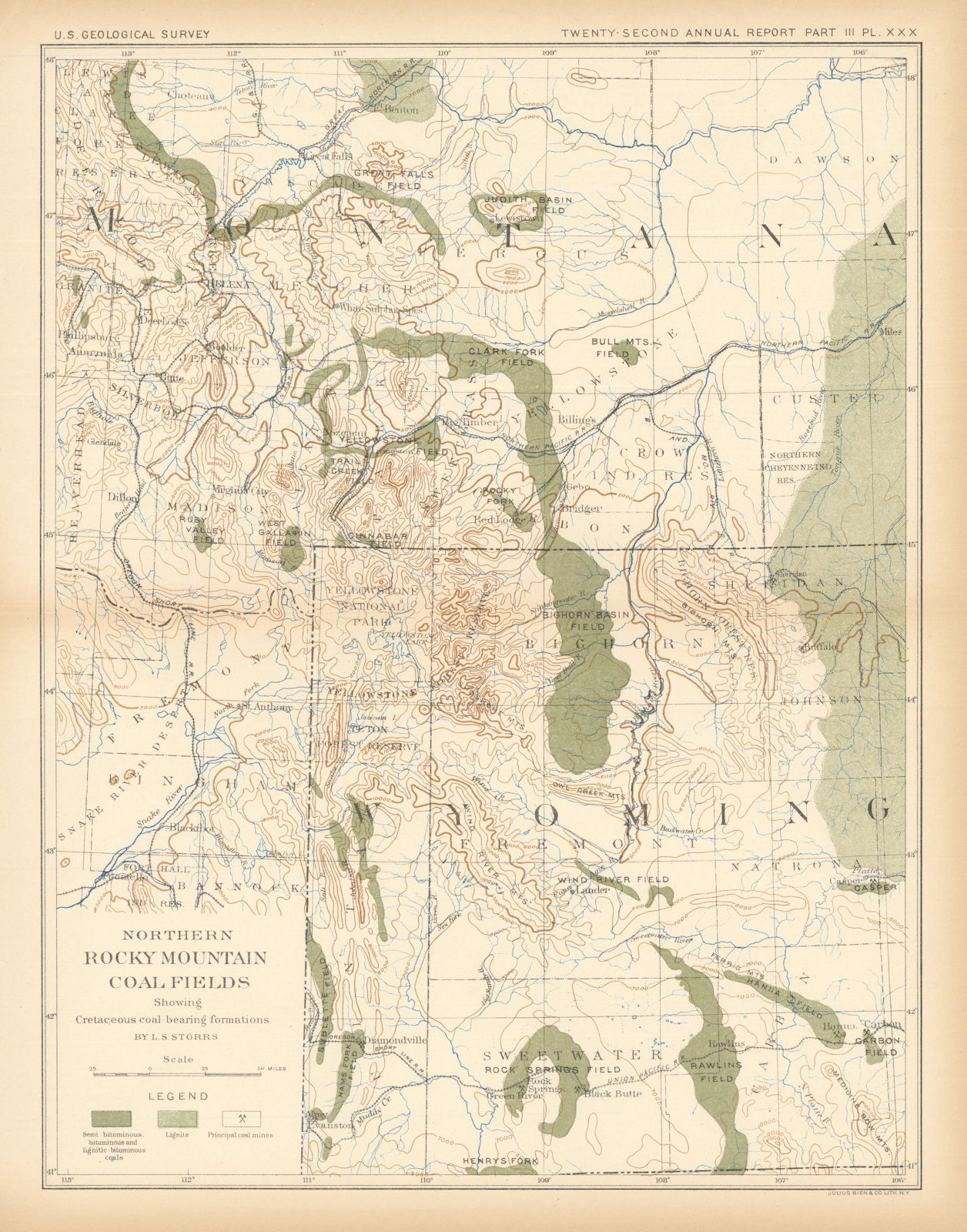 Northern Rocky Mountain coal fields. Montana Wyoming. USGS 1902 old map